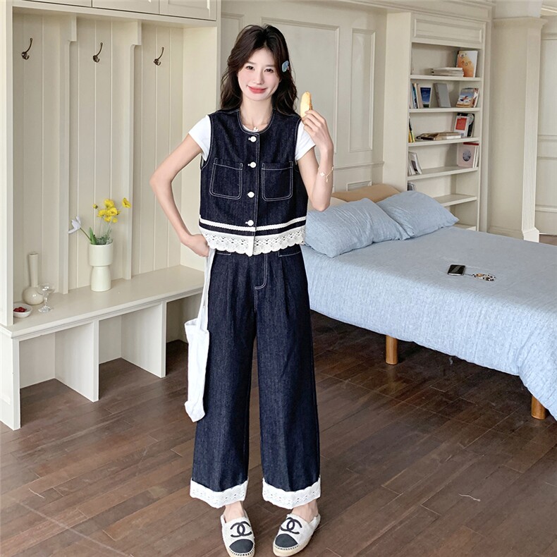 蕾丝拼接牛仔套装女2025夏季新款ootd穿搭设计感马甲阔腿裤两件套,女装套装/套裙,2C012