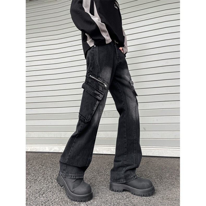 小众弯刀牛仔裤男款美式高街多口袋工装裤子直筒微喇裤RK3221-P53，男装牛仔裤，星座412-3