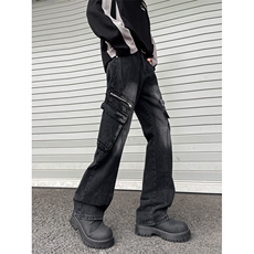 小众弯刀牛仔裤男款美式高街多口袋工装裤子直筒微喇裤RK3221-P53，男装牛仔裤，星座412-3