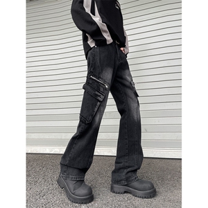 小众弯刀牛仔裤男款美式高街多口袋工装裤子直筒微喇裤RK3221-P53,男装牛仔裤,星座412-3