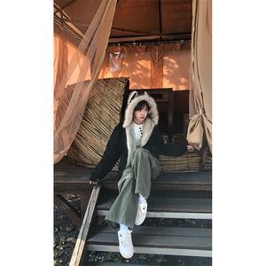 现货重磅硬挺boxy羽绒棉衣座山雕猫耳大毛毛领麂皮棉服冬外套