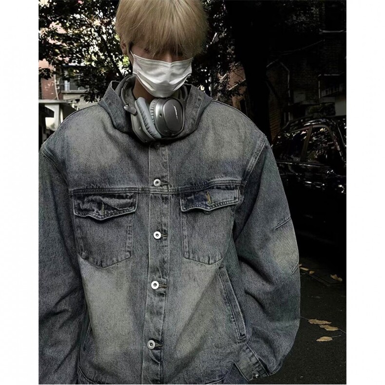 1506-1/JJ441牛仔外套-高品质/P80复古连帽牛仔夹克男女外套潮流图片