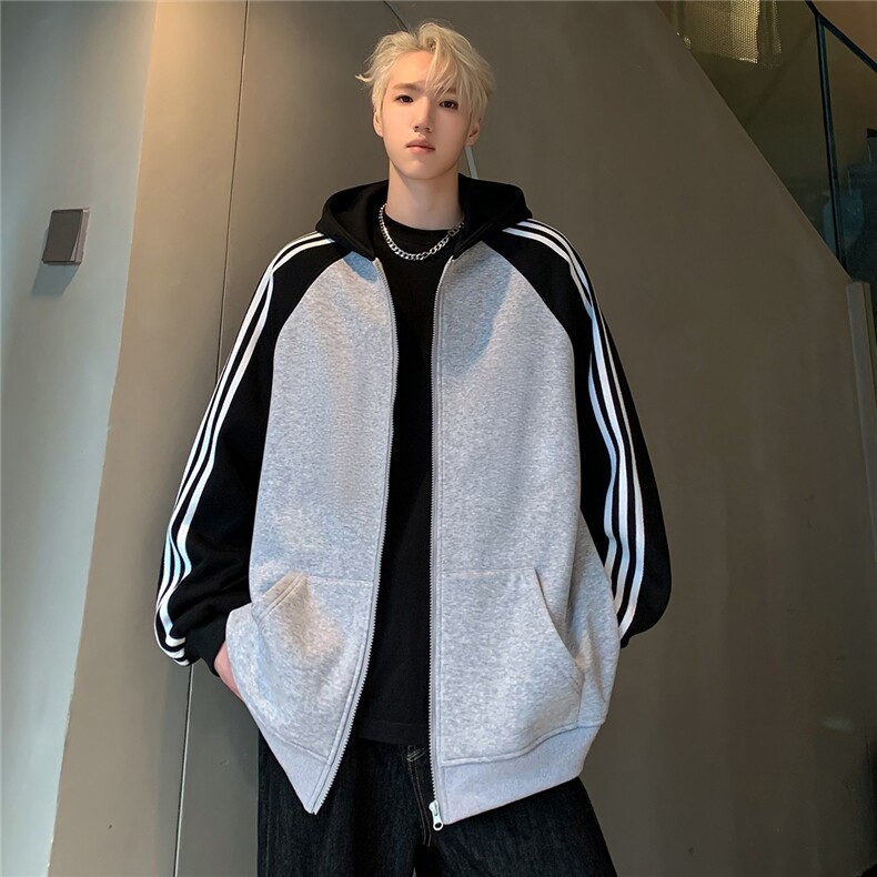 秋冬潮牌条纹织带拼接开衫连帽卫衣复古学院风外套JK201-P65,男装卫衣,电商C307