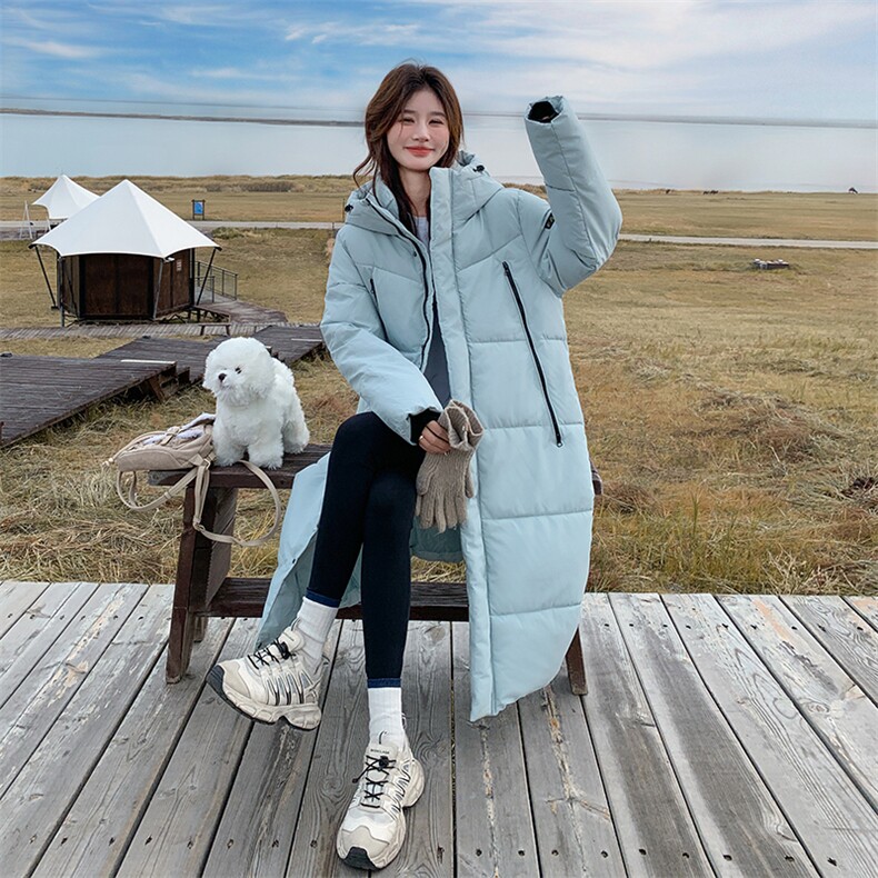 韩版保暖长款蓝色连帽棉服女2025年冬季新款显瘦加厚过膝棉衣棉袄,女装棉衣/棉服,2D148