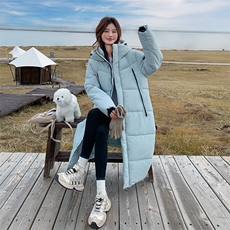 韩版保暖长款蓝色连帽棉服女2025年冬季新款显瘦加厚过膝棉衣棉袄，女装棉衣/棉服，2D148
