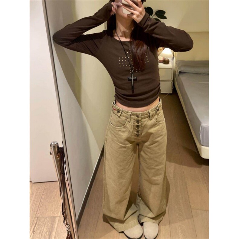 小众街头字母纽扣直筒牛仔裤女宽松慵懒风阔腿牛仔裤K09135-P50,男装牛仔裤,星座308B-2