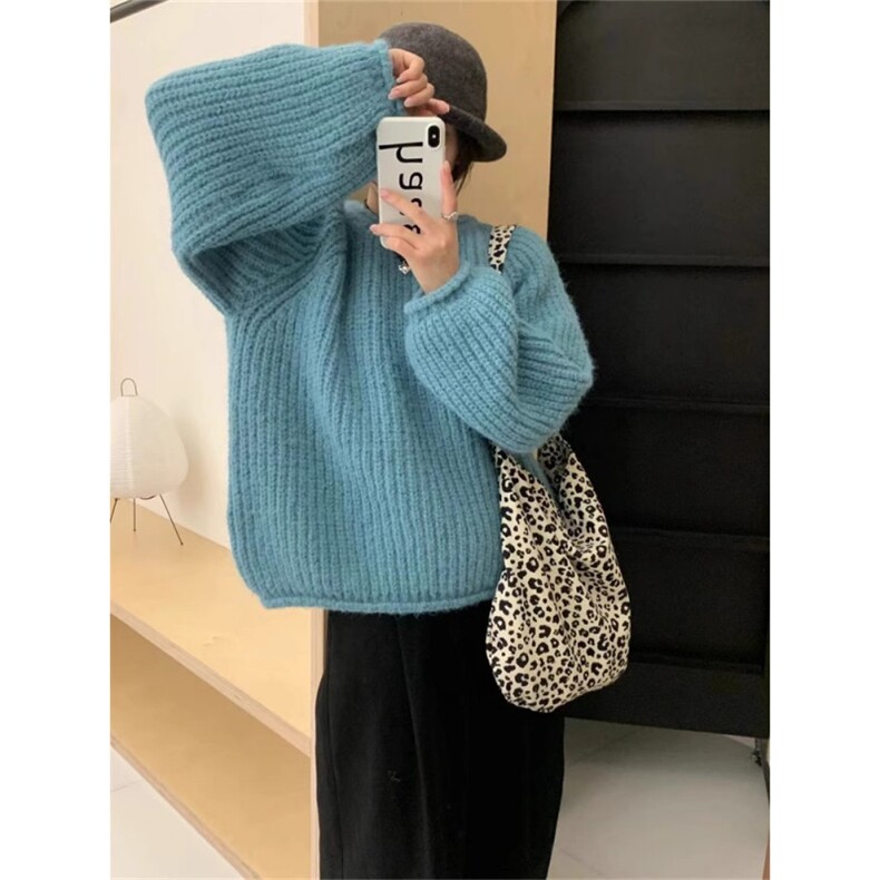 MM123-P65慵懒风卷边粗毛线毛衣女宽松显瘦韩版圆领上衣针织衫,针织衫/毛衣,星座617A-2