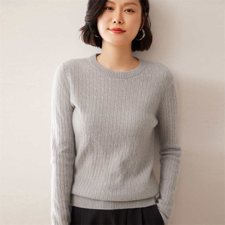 2025秋冬新款女士12针纯色圆领麻花衫,女装羊绒衫,拓驰羊绒