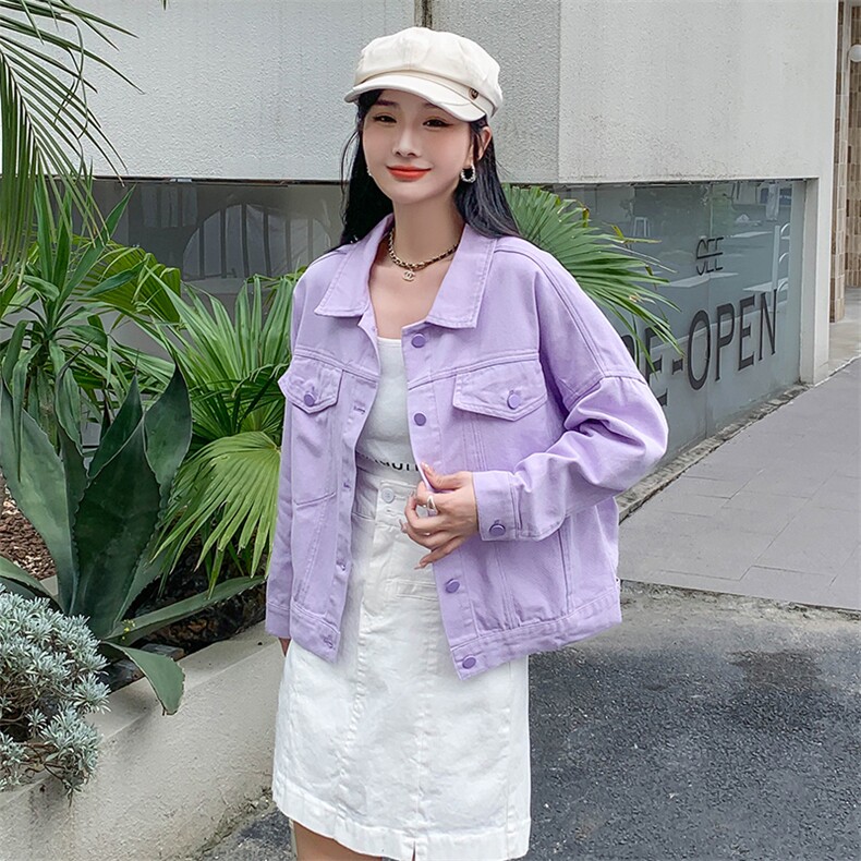 紫色牛仔外套女小个子2024春季韩版新款百搭宽松短款长袖上衣潮,女装短外套,MQ