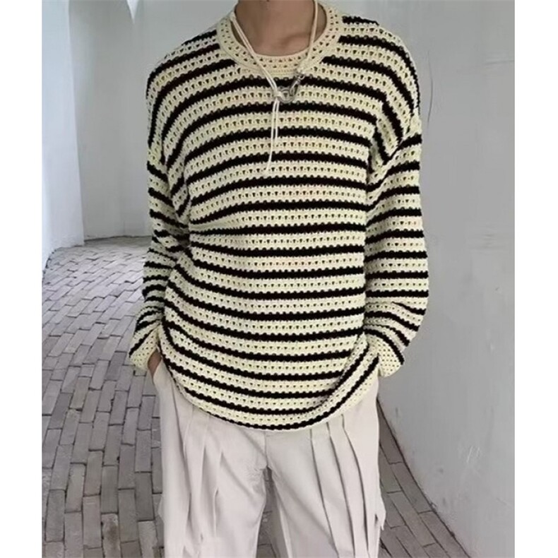 新款法式镂空条纹针织衫圆领长袖软糯舒适毛衣男女M594,男装针织衫/毛衣,星座1116A（原606A-3）