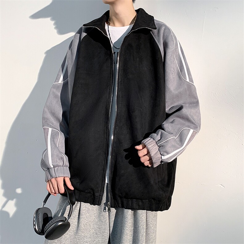 J6617P78光影墙2023抖音高品质麂皮绒翻领夹克外套拼接学生潮,男装夹克,电商A026-1