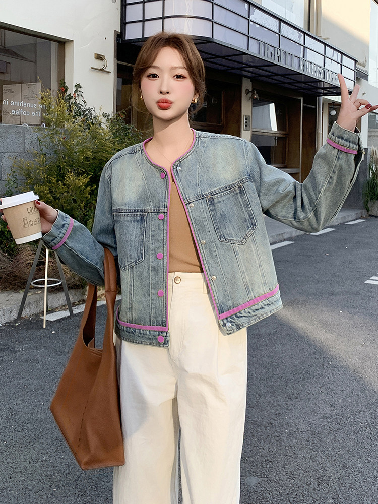 韩版休闲圆领撞色牛仔外套女2025早春新款小个子减龄宽松夹克上衣,女装牛仔外套,蝶眷