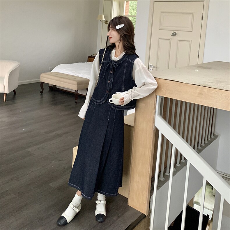 春现明线复古日系牛仔马甲连衣裙套装B190-506-P185-K258,女装套装/套裙,2B190