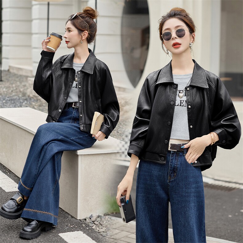 海宁皮衣外套女短款2025秋季新款宽松显瘦设计感小众pu皮夹克上衣,女装皮衣,江南女神