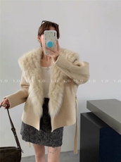 【依嘟】韩版2025秋冬短款小个子高级感狐狸毛领羊毛外套(配，女装双面呢大衣，依嘟服饰