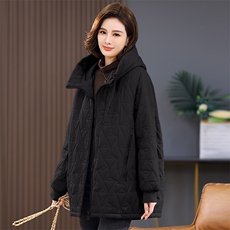 休闲连帽棉衣女中长款2025冬季新款中年妈妈大码宽松棉袄加棉外套，女装棉衣/棉服，独衣靓