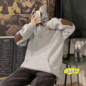 2021冬季新港风海报墙大码男女贴布印花加绒加厚连帽卫衣W5201P50图片