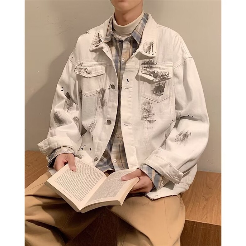 牛仔外套男韩版潮流高街帅涂鸦个性2023秋冬新款ins夹克W5005-P60，男装大码男装，星座412-3