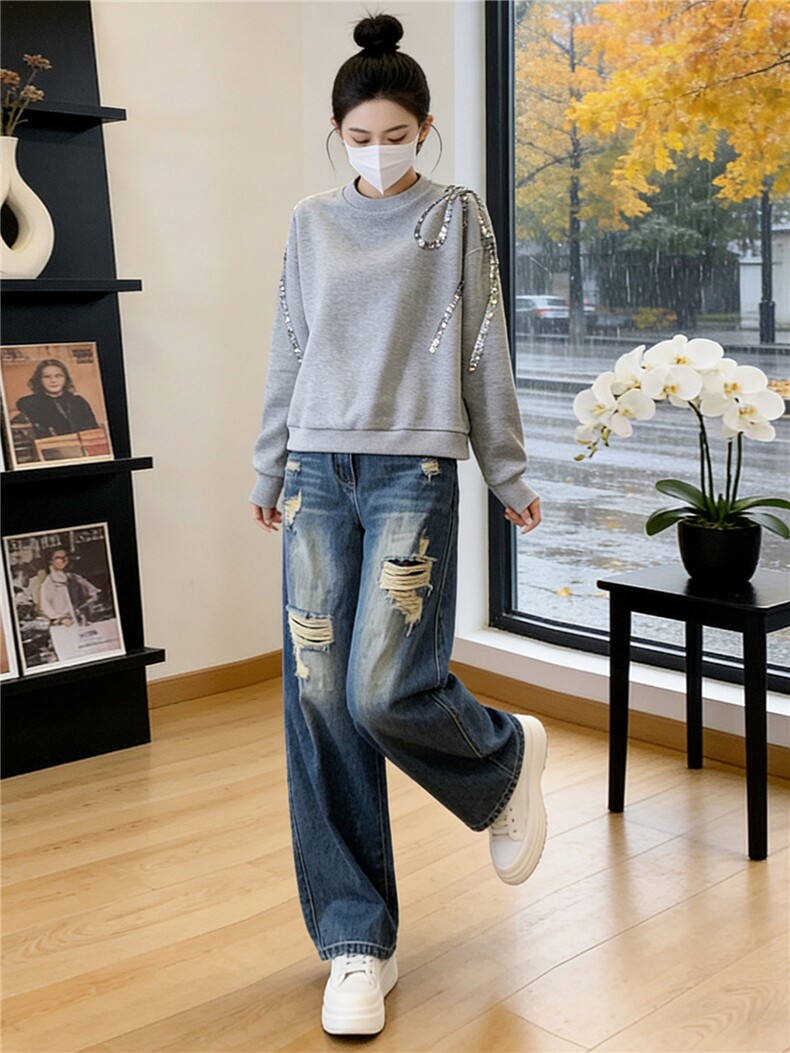 高级感时尚潮流套装女春新款修身显瘦圆领刺绣上衣牛仔长裤两件套,女装套装/套裙,江南