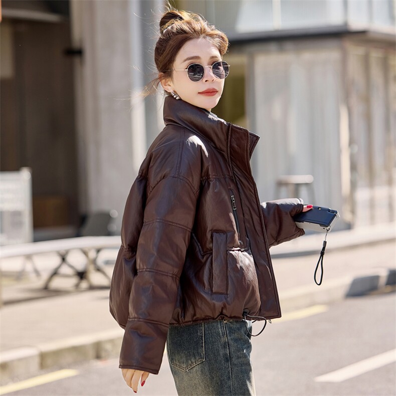 时尚短款PU皮立领羽绒服女2026冬季新款休闲保暖白鸭绒面包服外套,女装羽绒服,意芙