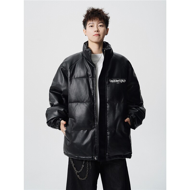 鳄鱼纹印花设计大码M-5XL手塞棉夹克PU皮棉服外套男8507P120控158图片