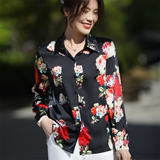 真丝短袖女七分袖25新款夏季高端气质印花宽松小衫桑蚕丝T恤上衣，女装衬衫，朝贺羊绒