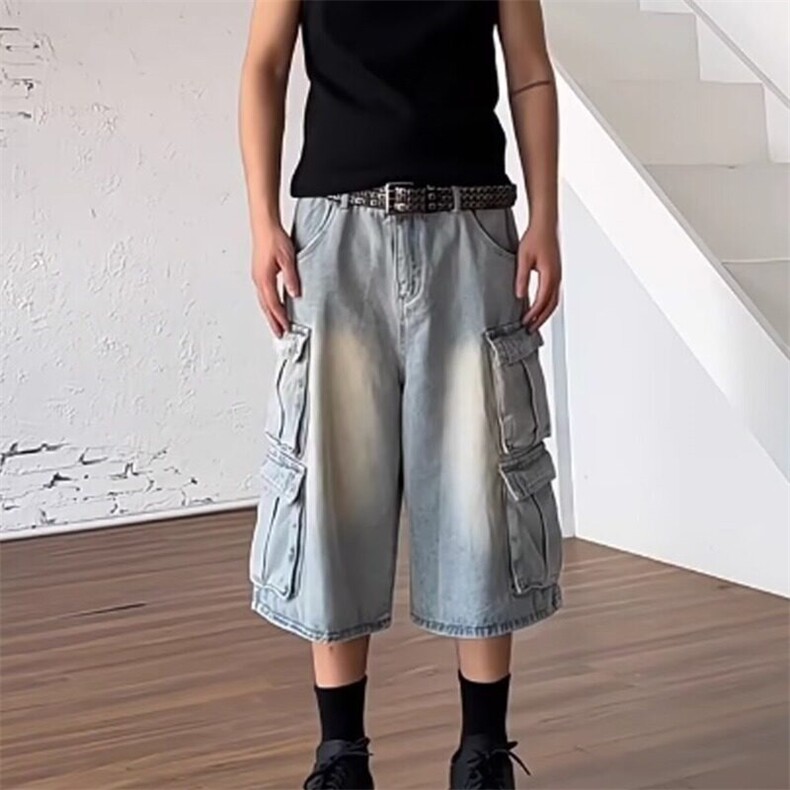 水洗工装多口袋牛仔七分裤男夏季款宽松休闲做旧阔腿短裤图片