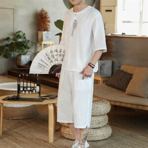 风夏款 盘扣刺绣休闲男士套装大码T恤7分裤七分袖潮 A822-P80，男装T恤，钱塘788(原4013)