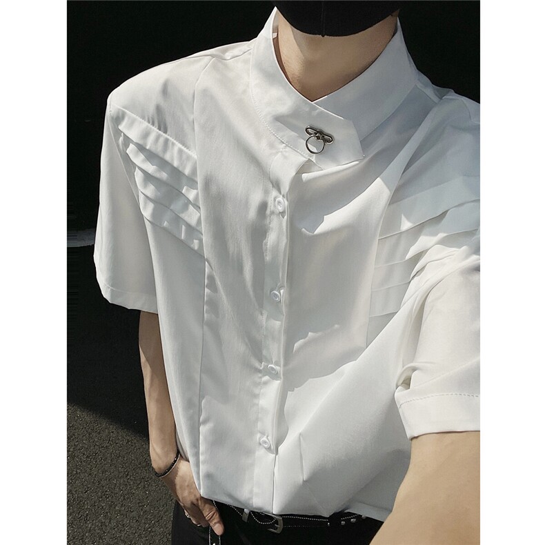美式垫肩褶皱设计夏季短袖衬衣 立领金属扣饰潮牌衬衫859 P42图片
