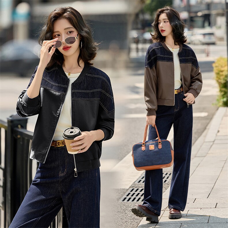 女式皮衣2025秋季新款牛仔拼接百搭休闲时尚PU皮夹克上衣，女装皮衣，江南女神