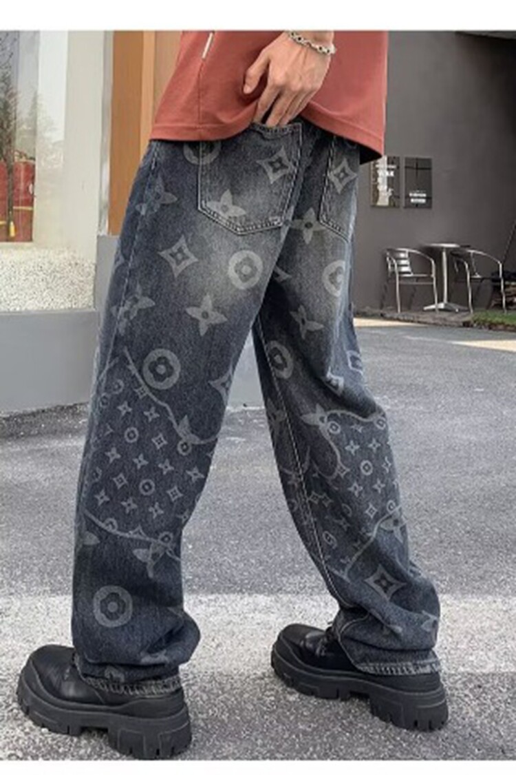满印提花牛仔裤男秋季美式高街vibe直筒宽松阔腿潮牌痞帅炸街裤子,女装休闲裤,星座218-8