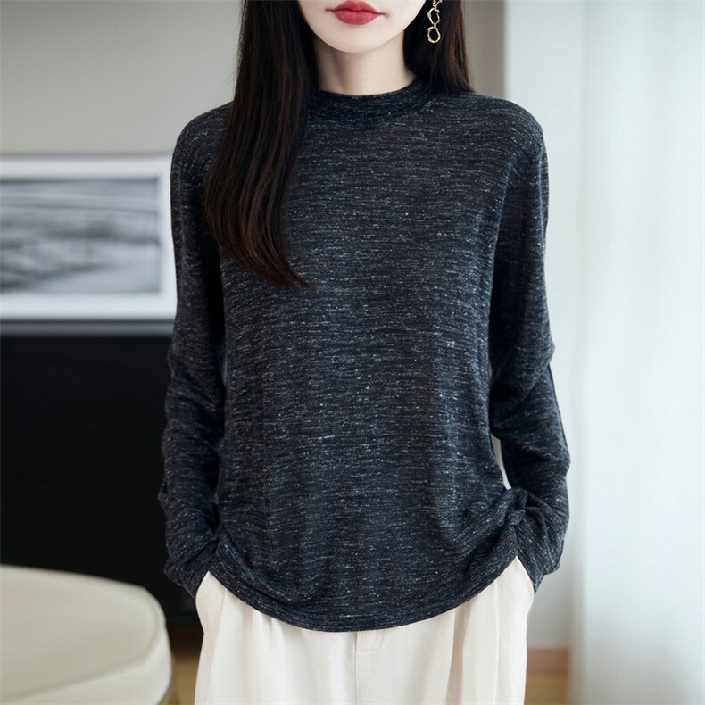 法式不规则别致长袖T恤女2025新彩麻针织洋气时尚打底薄毛衣小衫,针织衫/毛衣,朝贺羊绒