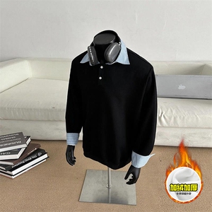 重磅加绒硬挺boxy男女美式高街假两件衬衫领长袖卫衣POLO领打底衫,男装T恤,电商A486