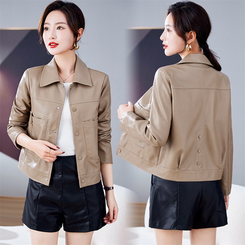 皮衣外套女2023年春季新款洋气减龄百搭小个子口袋短款夹克上衣潮，女装皮衣，江南女神
