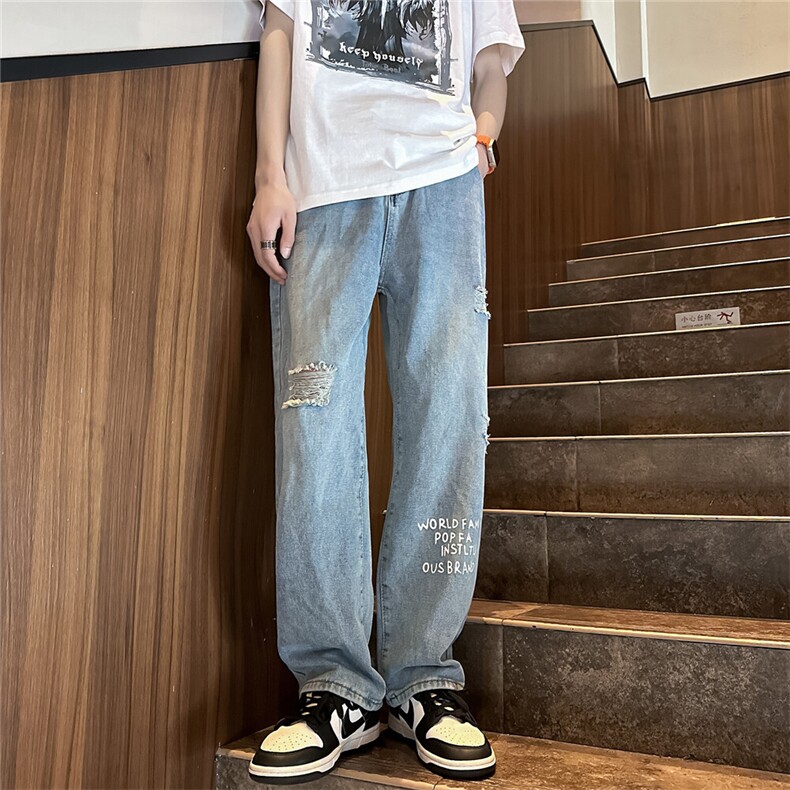 k705-p48-控68 M-5XL 现货oversize cleanfit风黄泥牛仔裤破洞图片