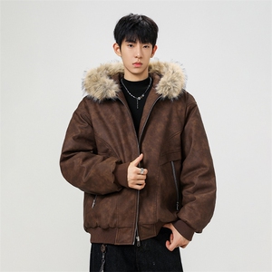现货 扎染PU皮棉服男冬季加厚连帽棉衣座山雕大毛领外套M090-P120图片