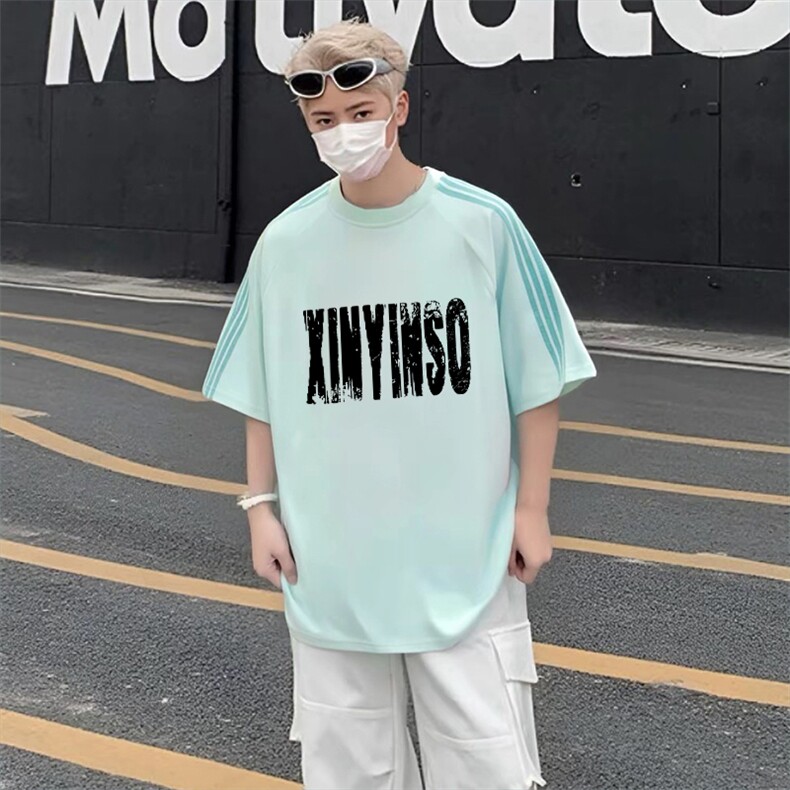 抖音得物品质二开240克宽松纯棉美式潮牌印花三条杠中性风短袖T恤,男装T恤,电商A486-1