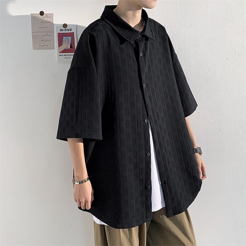 2023夏款质感编织华夫格外套短袖男港风大码五分袖衬衫C22633-P45,男装衬衫,电商A001