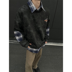 现货WY10095-P58 加绒P68扎染撞色拼接格子假两件卫衣图片