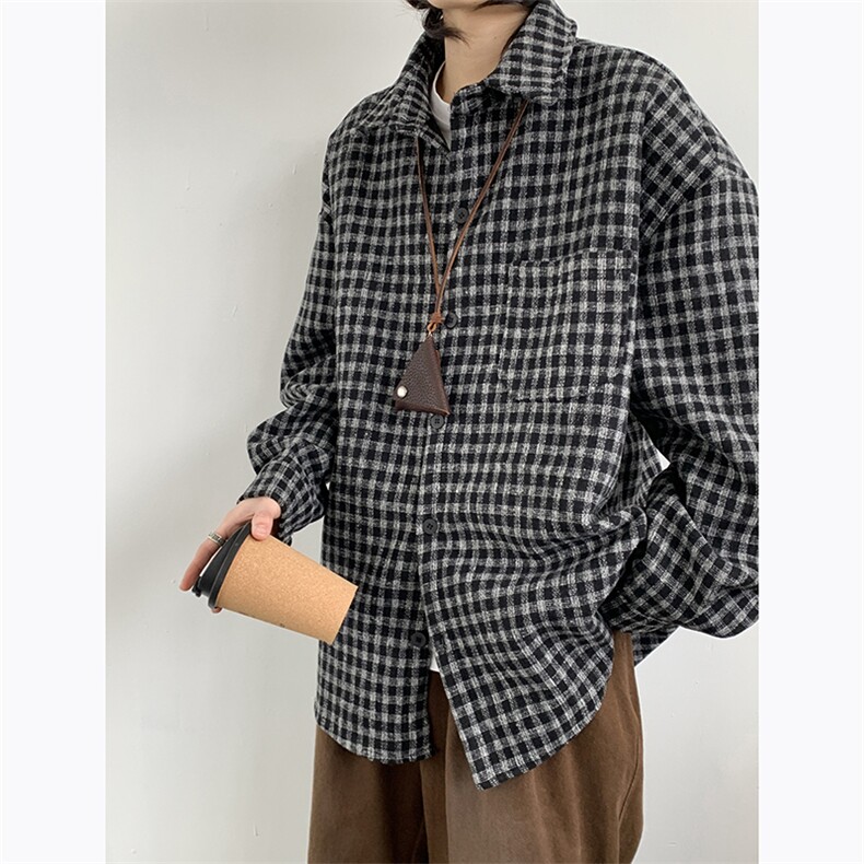 春季新款日系复古宽松衬衣外套男士潮牌百搭格子衬衫W8085-P42,男装衬衫,星座512-4