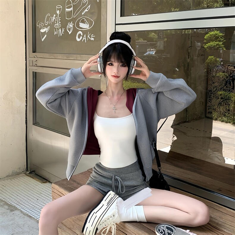 抖音得物高品质秋冬美式高街重磅结构双层双面连帽卫衣外套XS107,女装短外套,电商A486-1