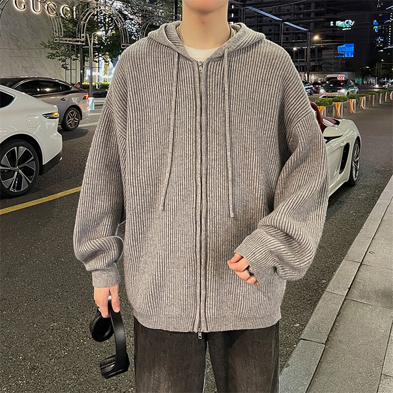 纯色简约毛衣男士秋冬季新款宽松休闲cleanfit针织衫开衫连帽外套图片