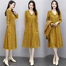 淑女长袖中长款A型套头中腰花色连衣裙2021年春季，女装连衣裙，香水丽阁