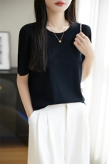 女圆领短袖纯色羊毛衫韩版休闲女宽松薄款春夏百搭针织打底衫T恤，女装针织衫/毛衣，朝思羊绒
