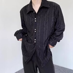 法式褶皱肌理感衬衫男高领宽松长袖提花衬衣小众寸衫C44