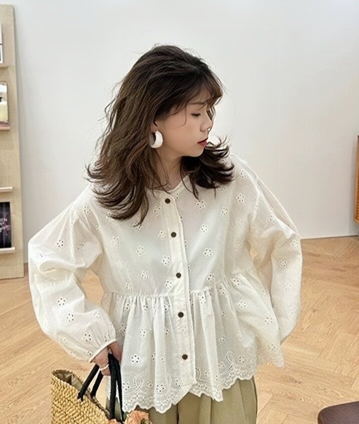 2025法式蕾丝全棉拼接镂空花朵刺绣遮肉显瘦衬衣,女装衬衫,湘姗