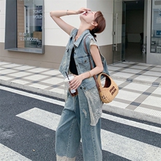 韩版蕾丝拼接牛仔马甲阔腿裤套装女2025夏季新款度假风显瘦两件套，女装套装/套裙，2C316