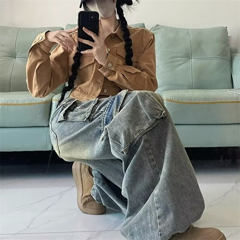 设计感高街美式复古工装裤女秋季新款阔腿牛仔裤宽松潮牌裤子,男装牛仔裤,星座506A