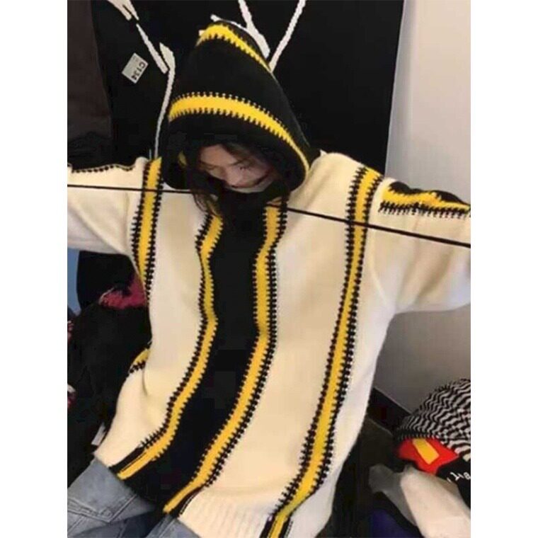 美式慵懒风 oversize撞色条纹毛衣男女秋冬情侣高级感连帽针织外图片