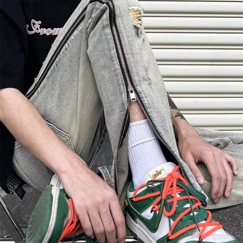 美式高街青少年牛仔裤男复古设计感破洞做旧侧边拉链直筒长裤子,男装牛仔裤,星座506A